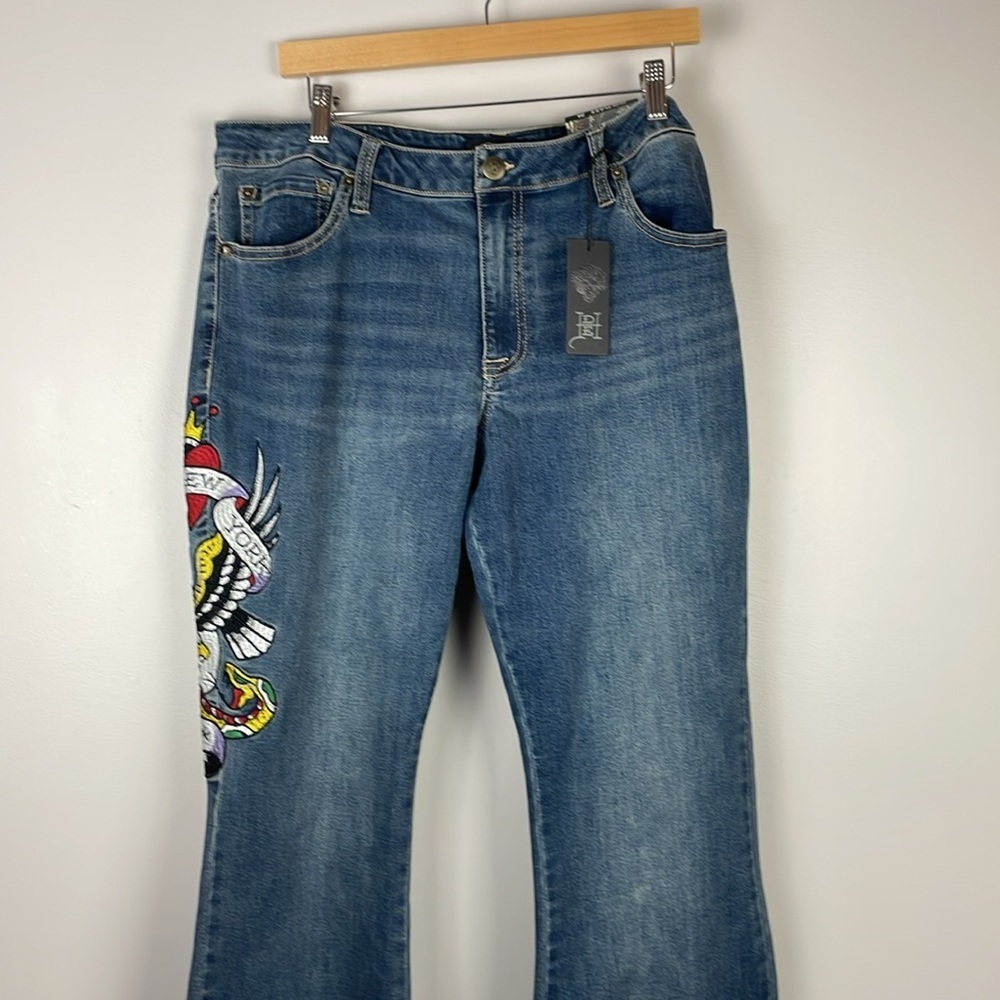 NWT ED HARDY Vintage Y2K Slim Flare Women Jeans Denim SZ 34 Stretch Skull NYC - Picture 9 of 15